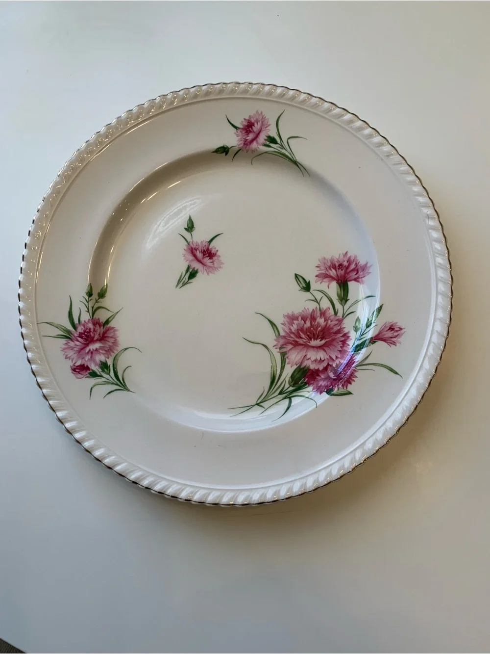 Johnson Bros Classic Floral Pink Carnation Dinner Plate with Rope-Edge Trim